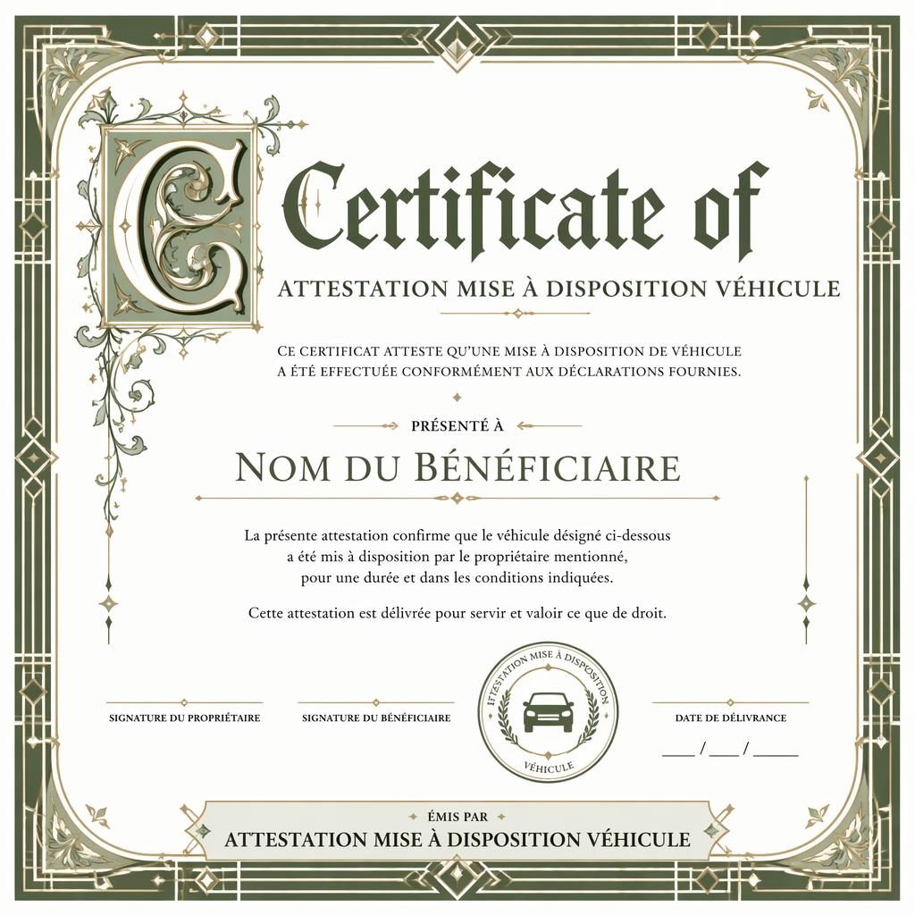 Certificat cadeau A4 paysage, style enluminure médiévale et bordure art déco blanche et sauge, avec zones de texte lisibles.