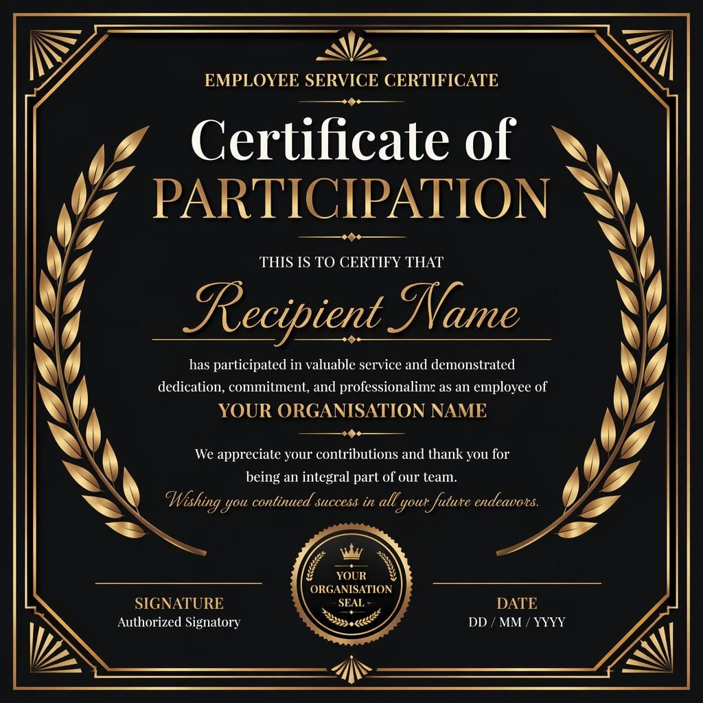 Landscape A4 participation certificate template with black and gold art deco border, laurel wreath, signature lines, date, and seal.