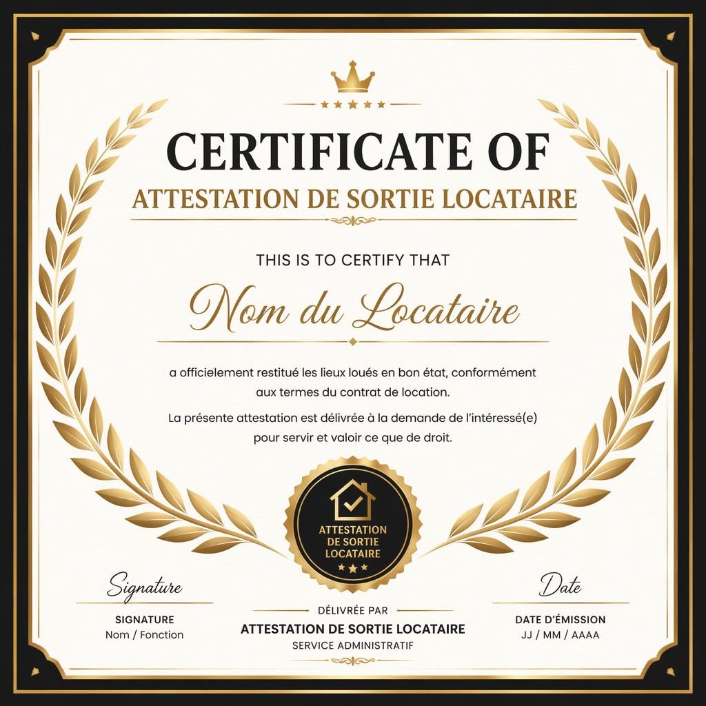Certificat paysage A4 moderne noir et or, bordure en couronne de laurier, titre central, signature, date et sceau.