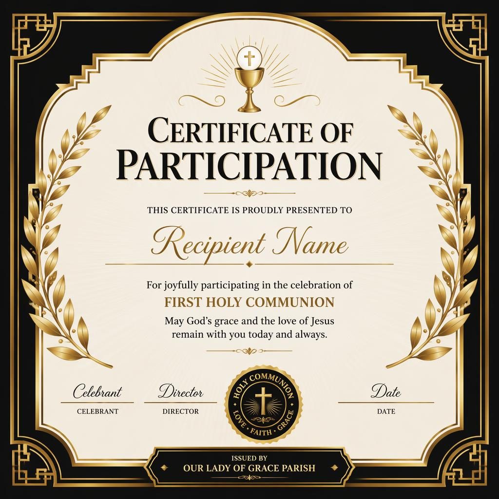 Landscape A4 first communion certificate template with art deco laurel wreath border, black and gold palette, heading, name, signatures.