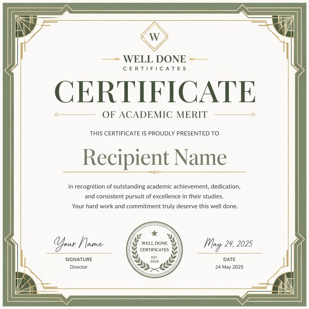 Landscape A4 academic merit certificate template with art deco border, white and sage palette, heading, signature lines