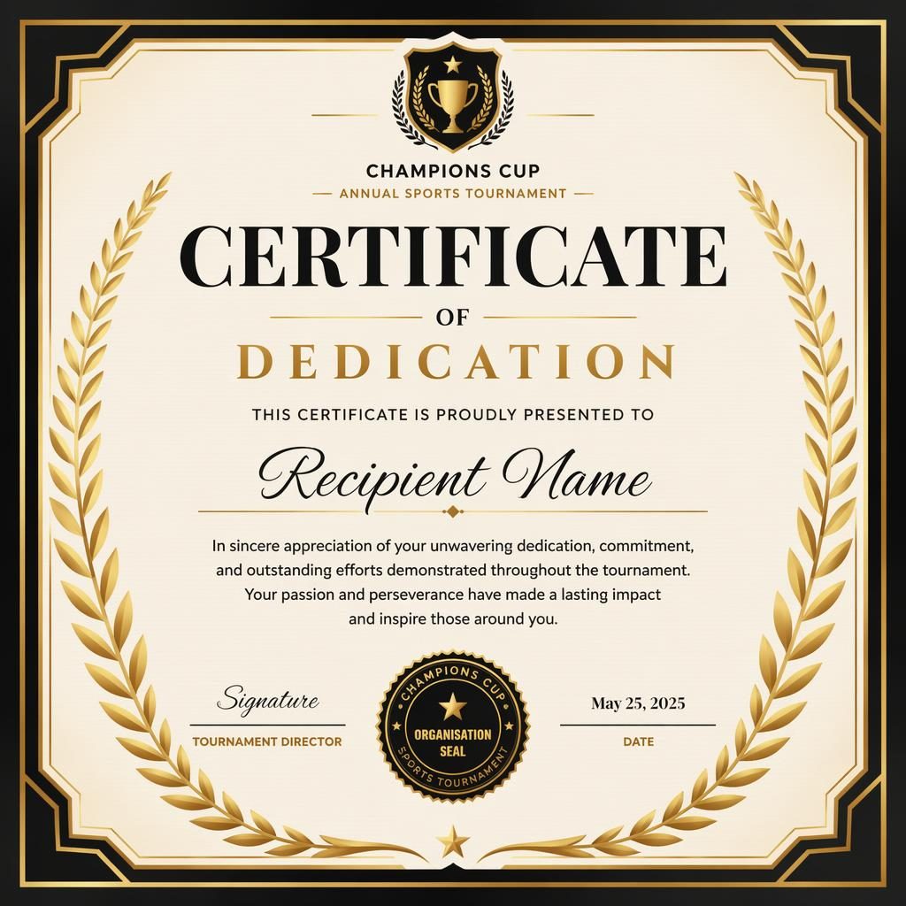 Landscape A4 dedication certificate template with laurel wreath border, black and gold palette, heading, signature lines and seal.