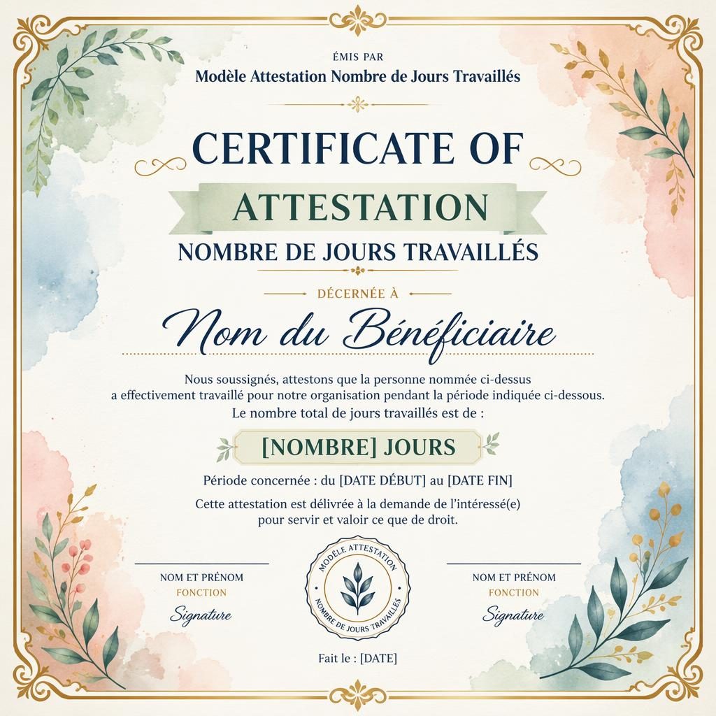 Modèle de certificat A4 paysage aquarelle, bordure dorée ornementale, palette pastel, zone nom, signature, date et sceau