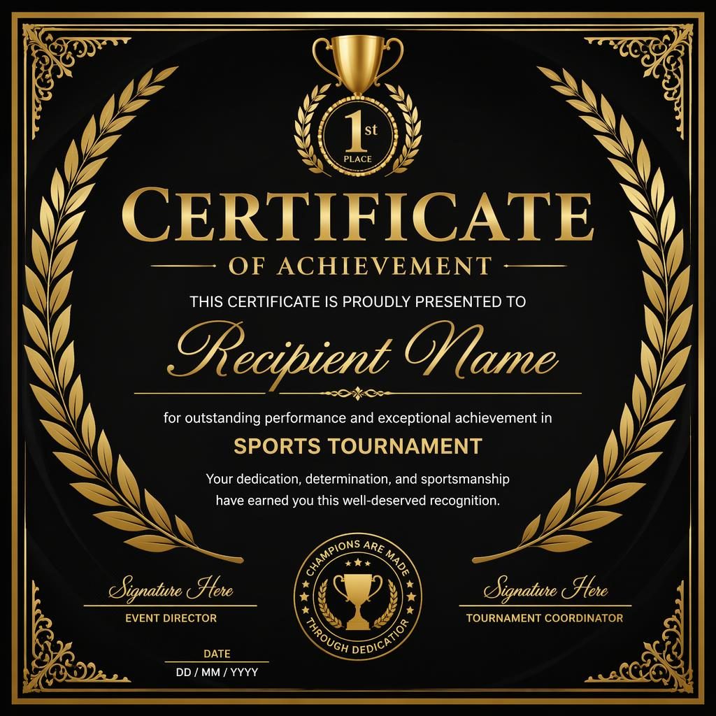 Landscape A4 sports certificate template in black and gold with laurel wreath border, heading, signature lines, date, seal.