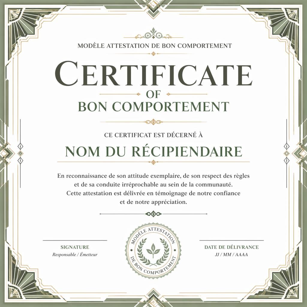 Certificat paysage A4 blanc et vert sauge, bordure art déco, titre central, lignes de signature, date et sceau