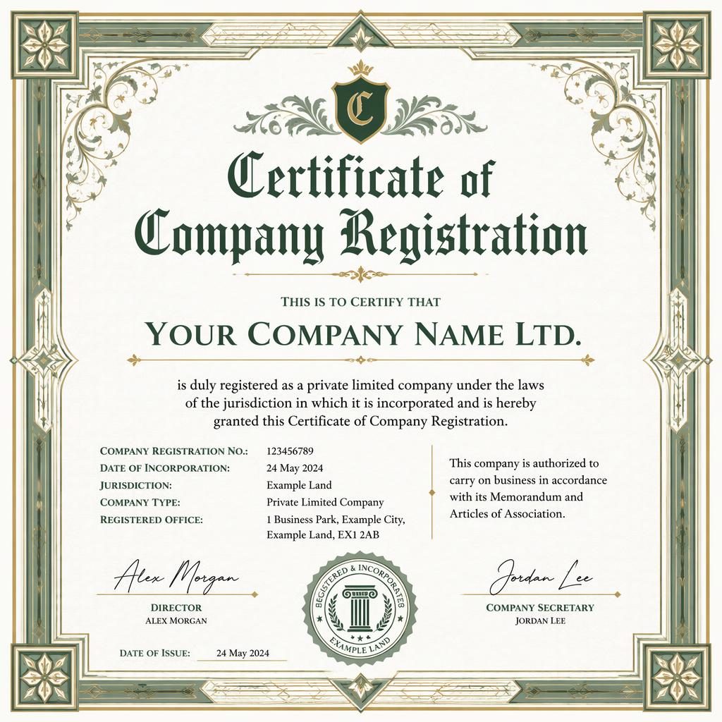 Landscape A4 certificate template with medieval and art deco border, sage and white palette, heading, signature lines