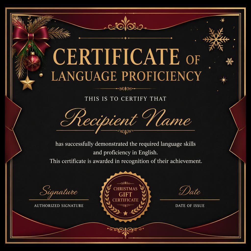 Luxury black and gold language proficiency certificate template in landscape A4 with burgundy accents, border, seal, signatures.