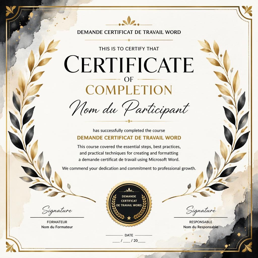 Modèle de certificat A4 paysage, style aquarelle cosy, bordure de laurier noir et or, titre central, signatures et date.
