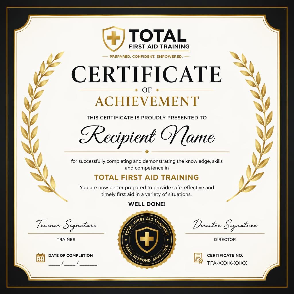 Modern minimal sports tournament certificate template in black and gold with laurel border, signature lines, date, and seal.