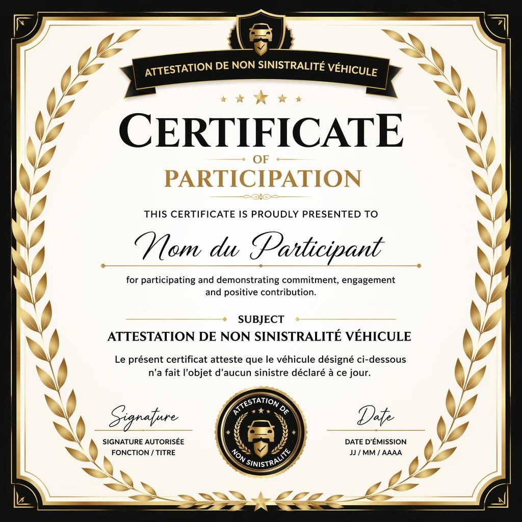 Modèle de certificat paysage A4 noir et or, bordure en laurier, titre central, lignes de signature et sceau.