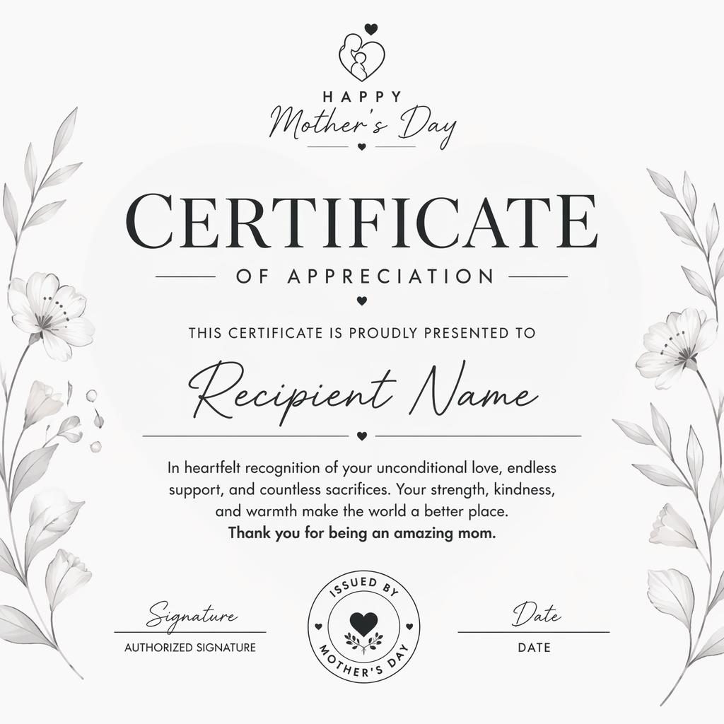 Modern minimal landscape A4 mother's day certificate template with bold heading, recipient name, body text, signature lines, date, and seal.