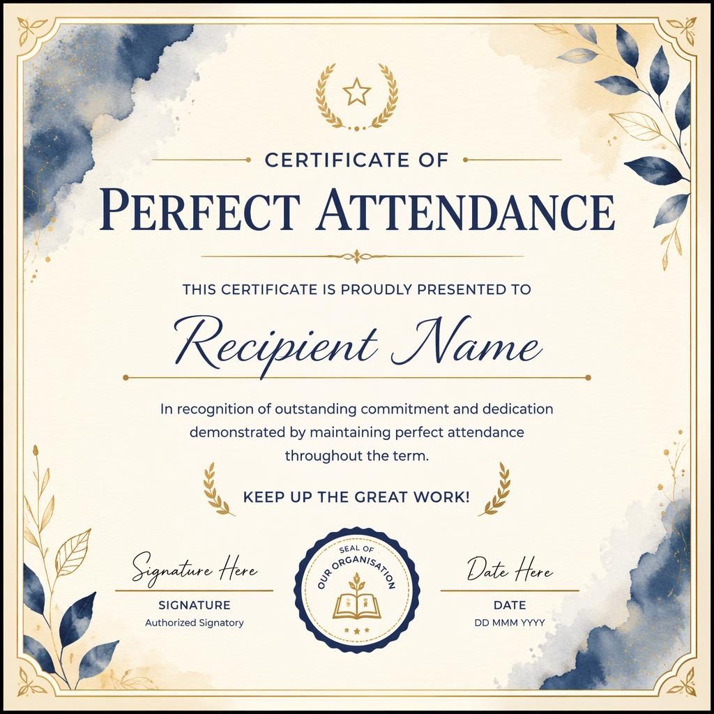 Landscape A4 appreciation certificate template with watercolor accents, thin border, cream, gold and navy palette.