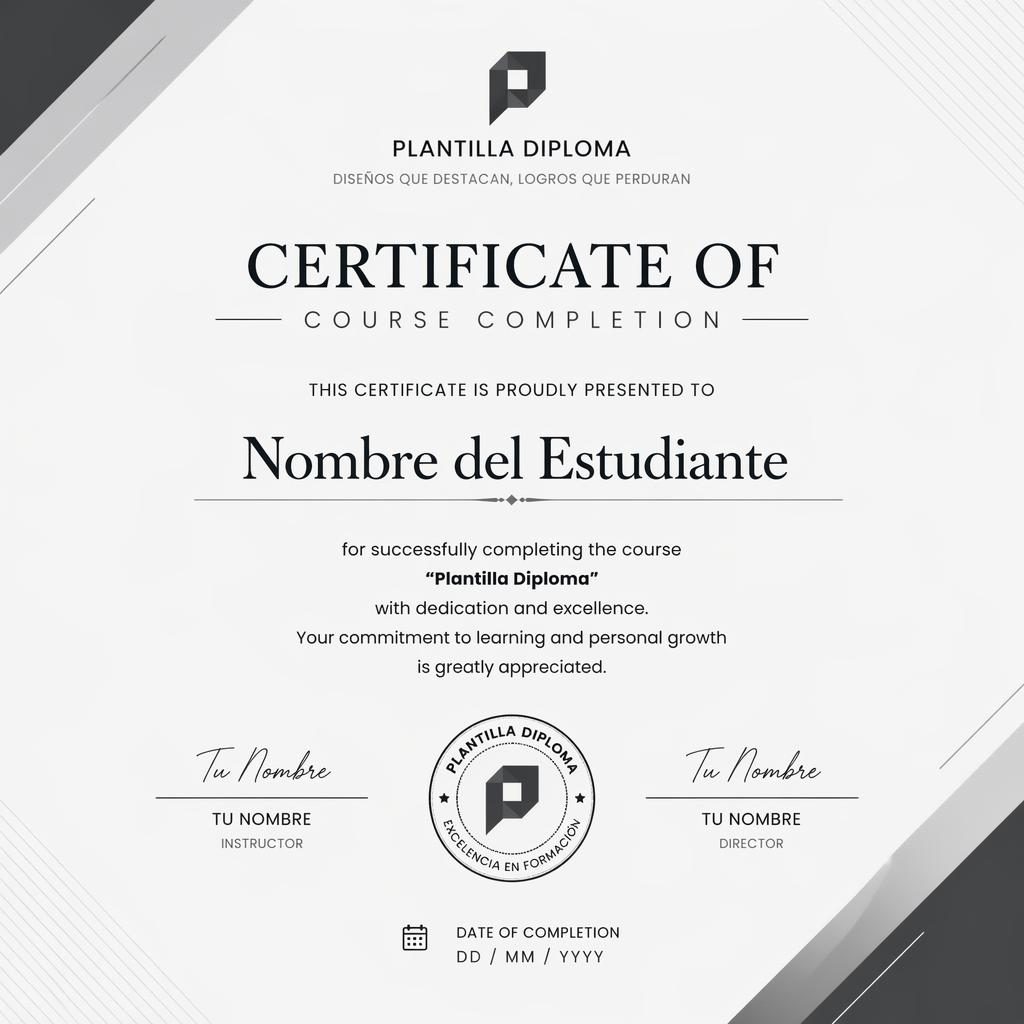 Plantilla diploma en formato A4 horizontal, diseño corporativo minimalista con título central, nombre, firmas y sello.