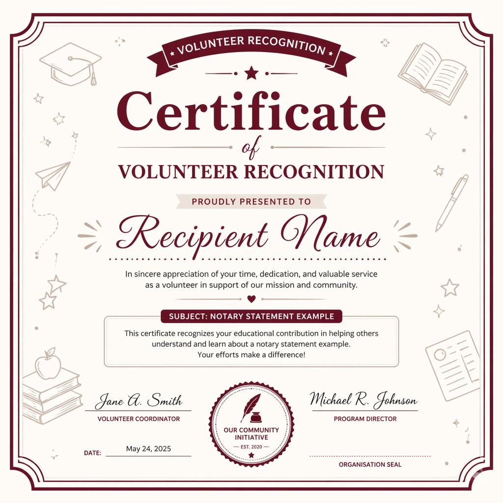Landscape A4 volunteer recognition certificate template with burgundy double-line border, heading, signature lines, date, and seal.