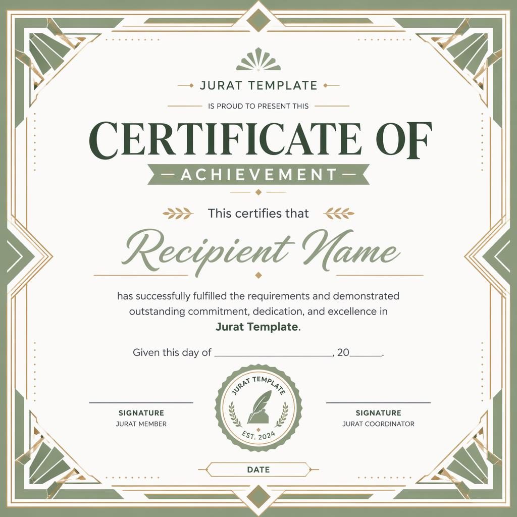 Landscape A4 certificate template with art deco geometric border, white and sage palette, heading, name, body text, signature lines