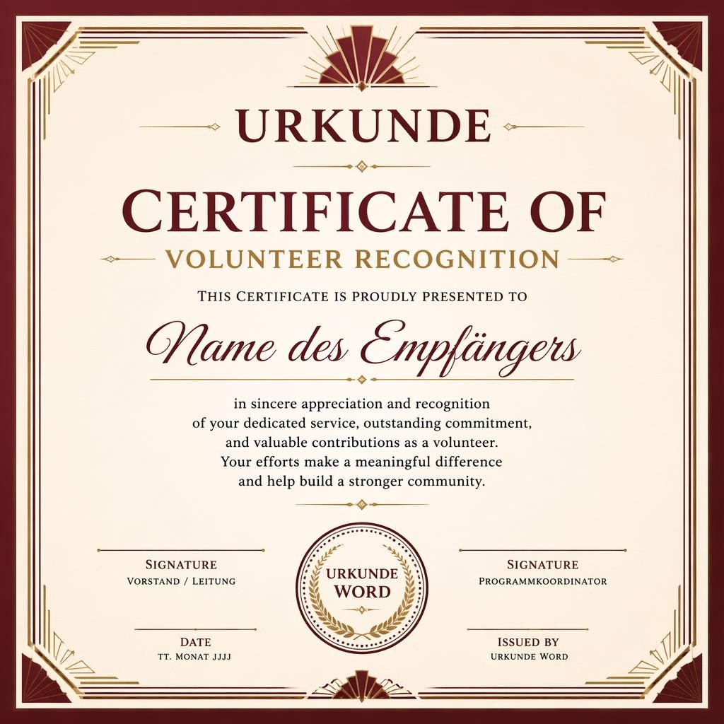 Querformatige Urkunde-Vorlage im Art-Déco-Stil mit doppeltem Rahmen, burgunderroter Farbpalette und Signaturfeldern