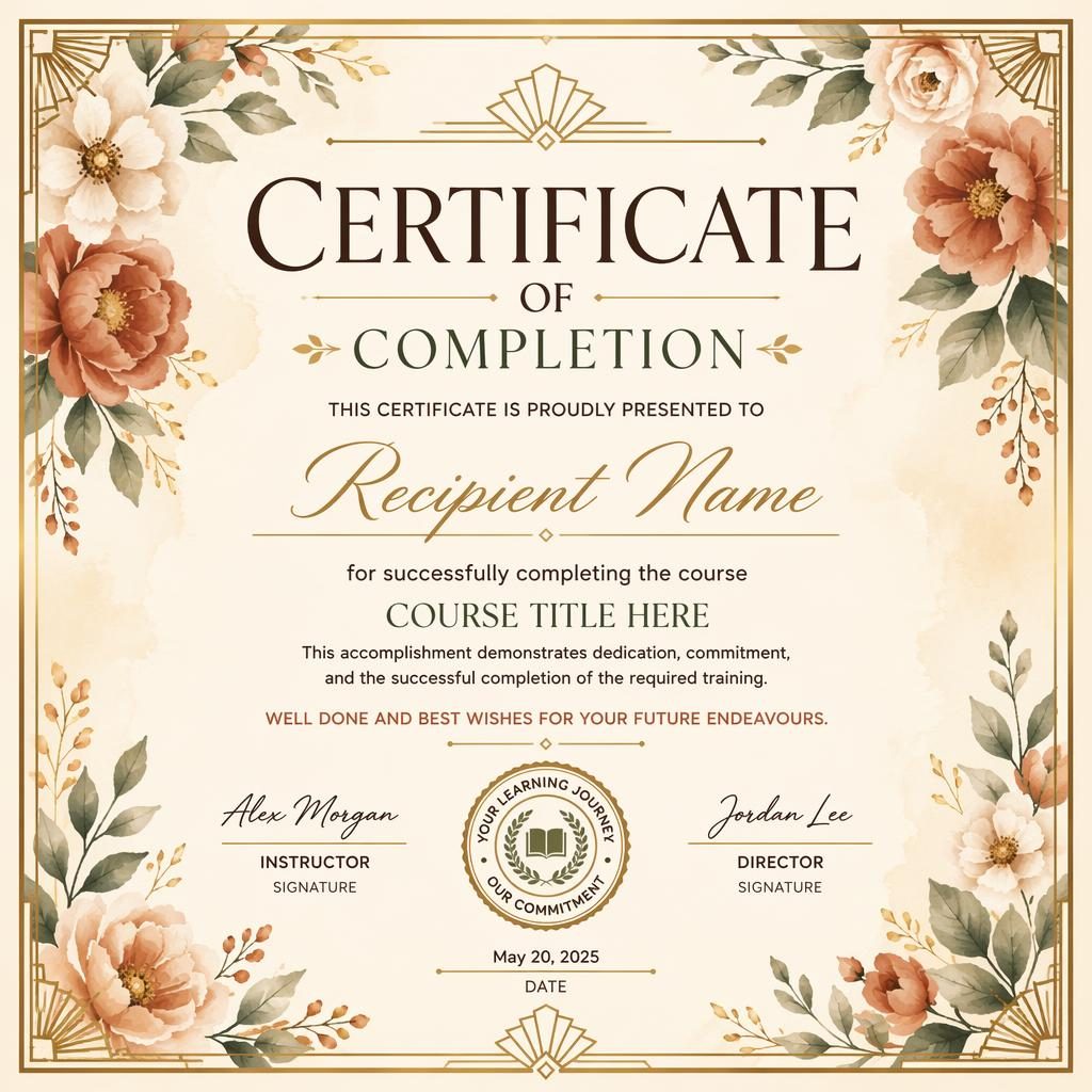 Landscape A4 training completion certificate template with art deco styling, floral watercolor border, signatures, date