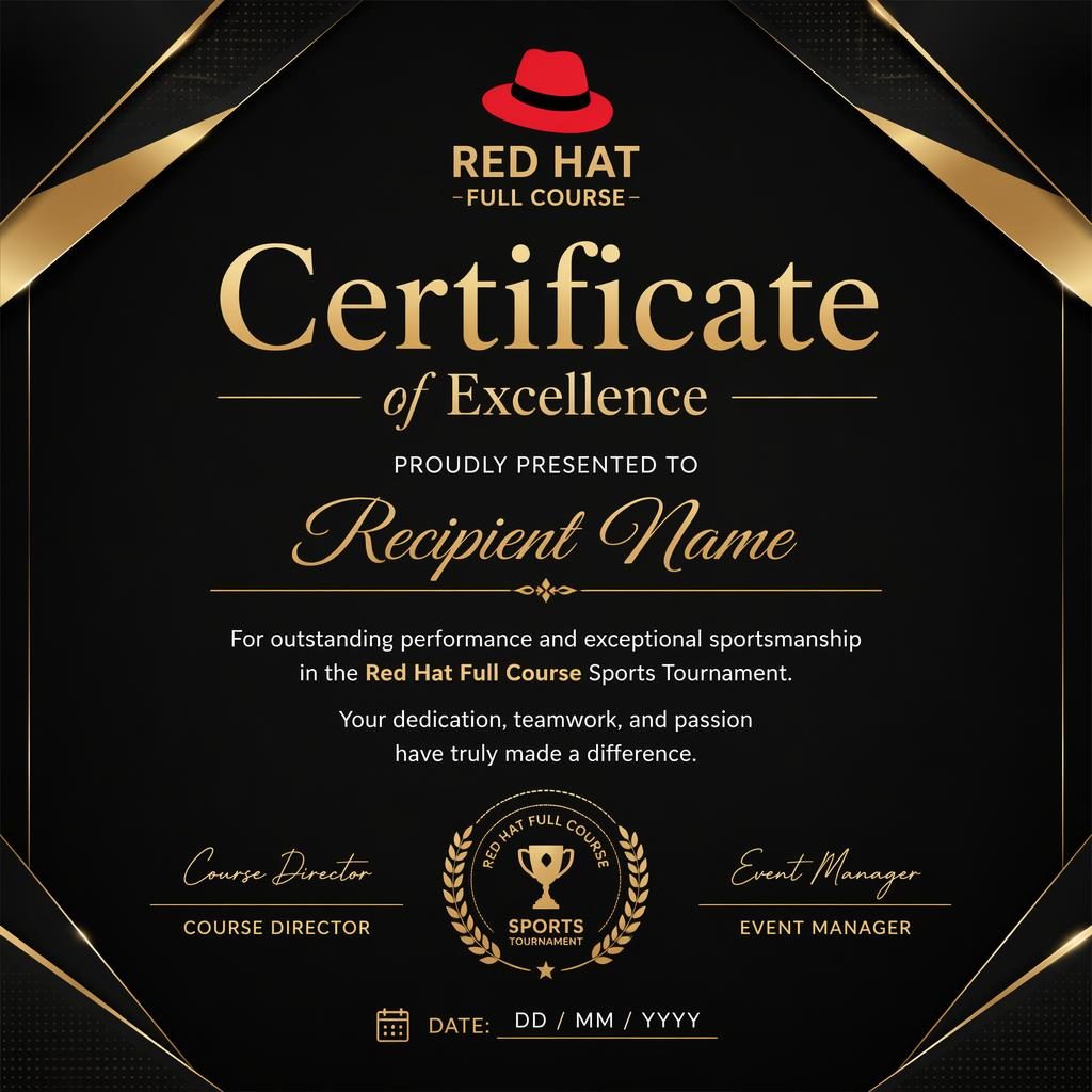 Luxury black and gold sports tournament certificate template in landscape A4 with heading, recipient name, signature lines.
