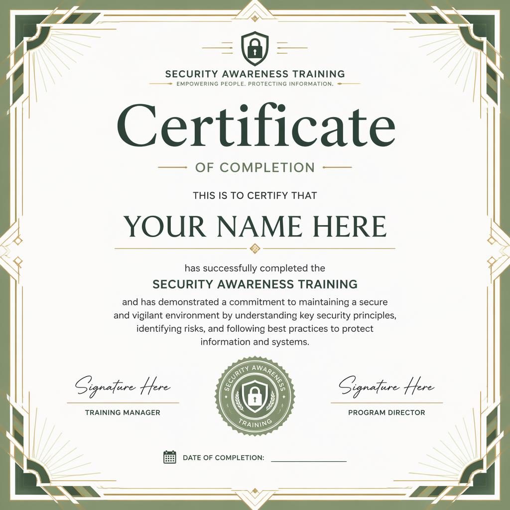 Landscape A4 academic merit certificate template with art deco border, white and sage palette, signature lines, date, and seal.