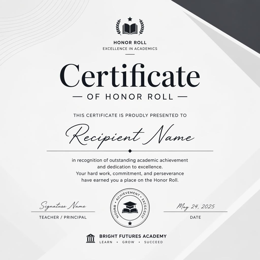 Modern minimal landscape A4 certificate template with heading, recipient name, body text, signature lines, date, and seal