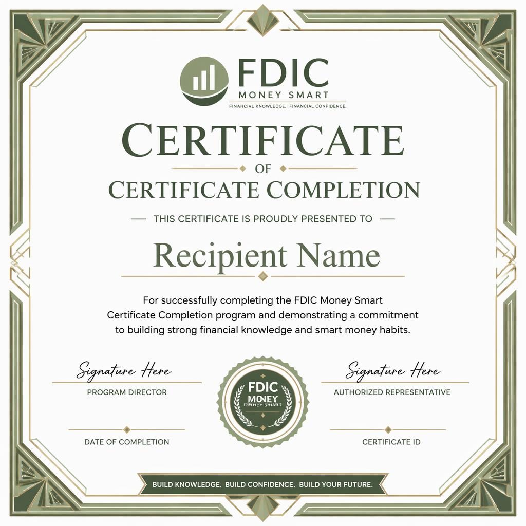 Landscape academic merit certificate template with art deco geometric border, white and sage palette, signature lines and seal.