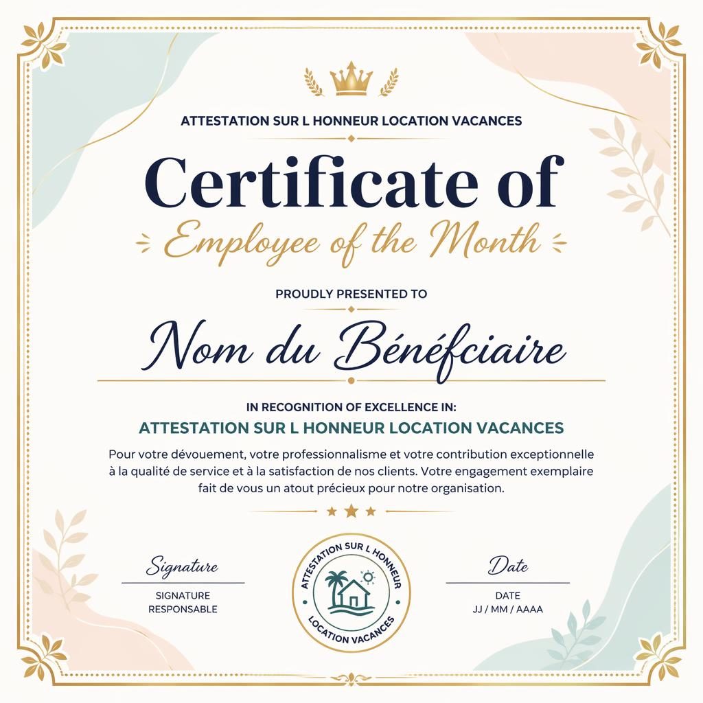 Modèle de certificat A4 paysage moderne, bordure dorée ornementale, tons pastel, titre central, signature et sceau.