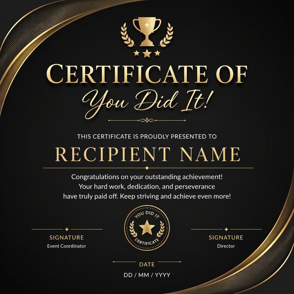 Landscape A4 sports tournament certificate template in black and gold with heading, recipient name, signature lines, date, and seal.