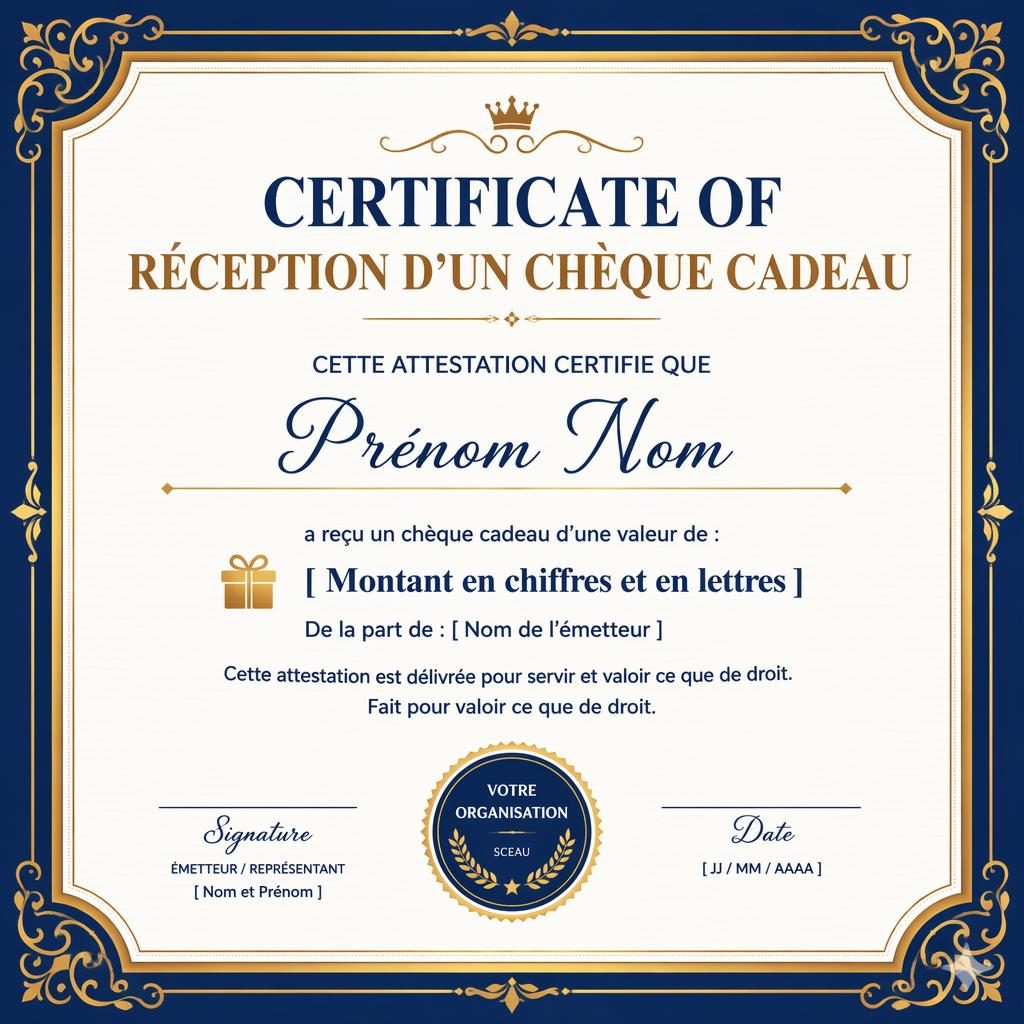Certificat cadeau horizontal A4, style minimal bleu royal et or, cadre décoratif, titre central, signature, date et sceau.