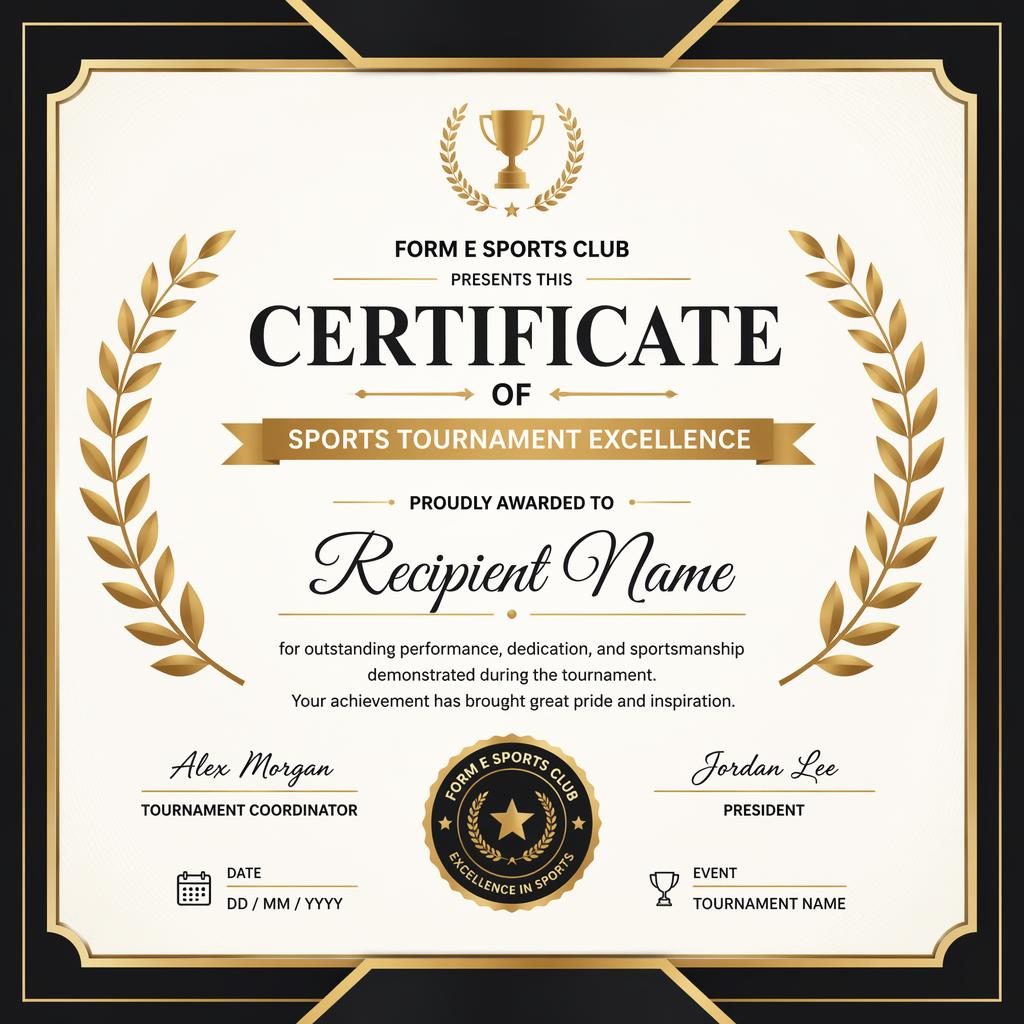 Modern minimal sports tournament certificate template in black and gold with laurel border, signature lines, date, and seal