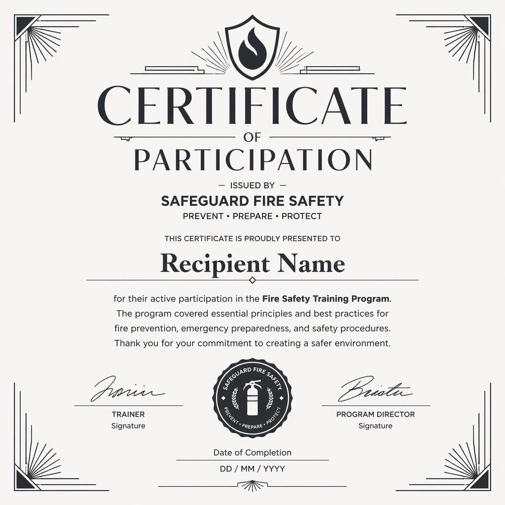 Landscape A4 fire safety certificate template with art deco styling, bold heading, recipient placeholder, signature lines, date, and seal.