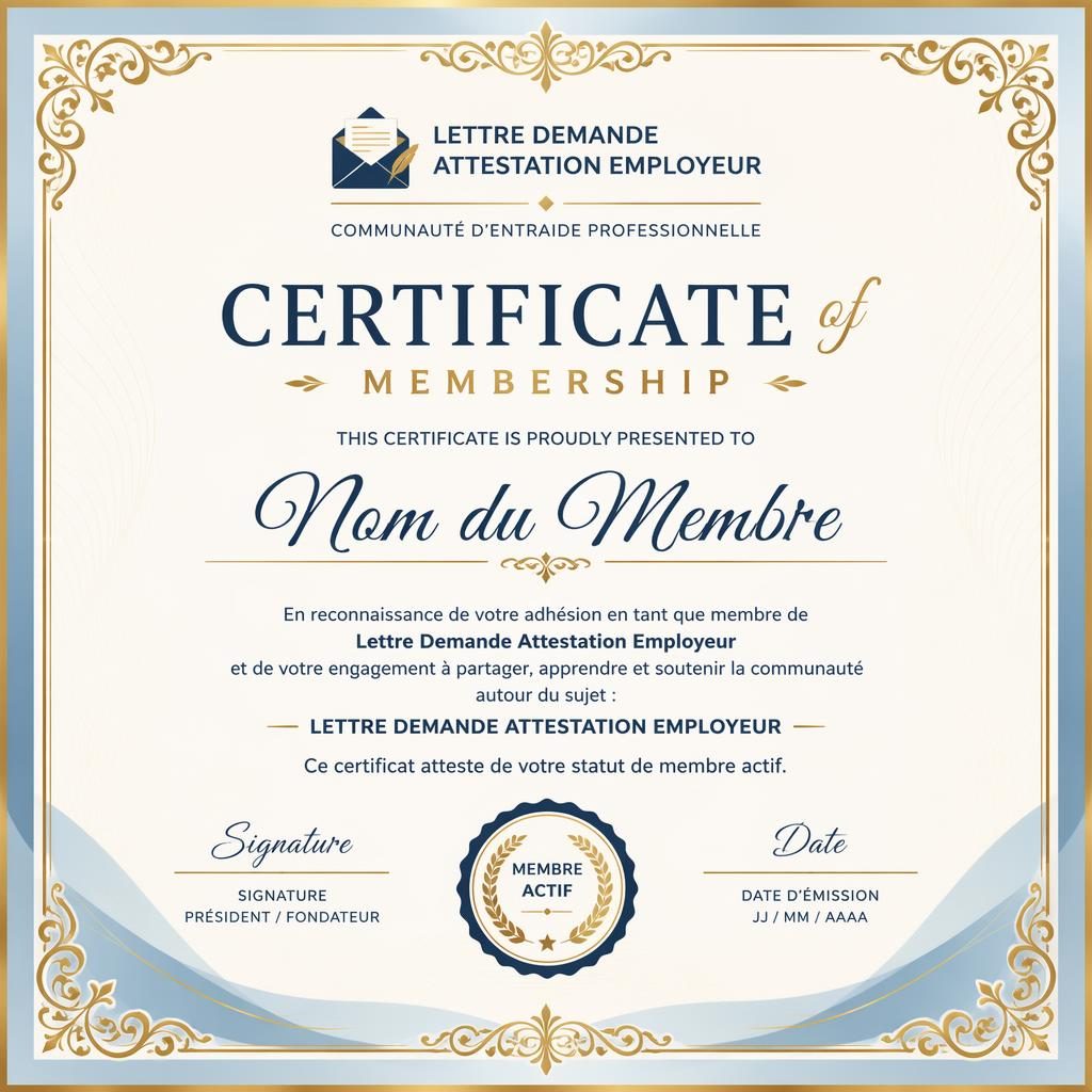 Modèle de certificat d’adhésion paysage A4 avec bordure dorée, palette pastel, titre central, signatures et sceau.