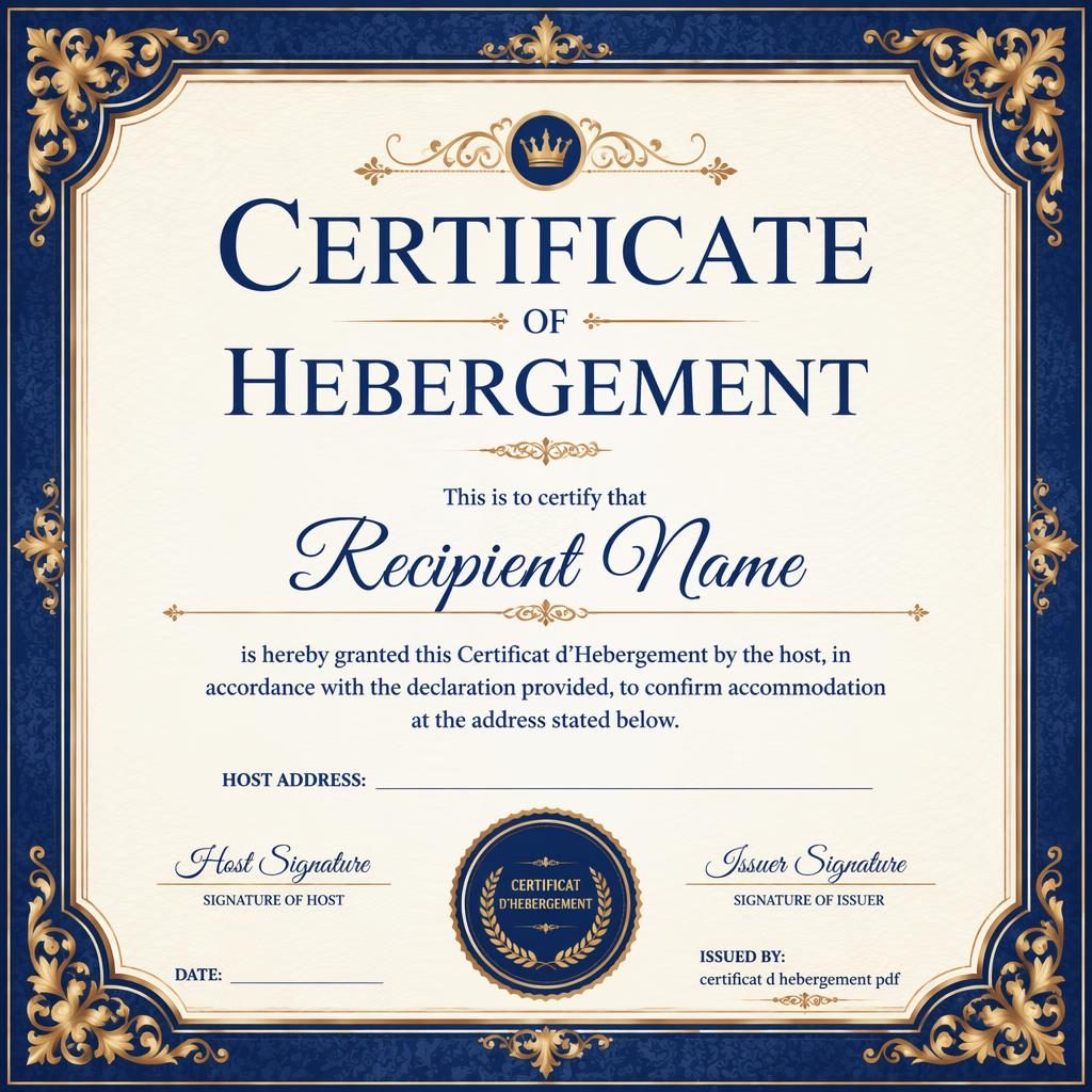 Modèle de certificat paysage A4 bleu royal et or, cadre ornementé, titre central, lignes de signature et sceau.