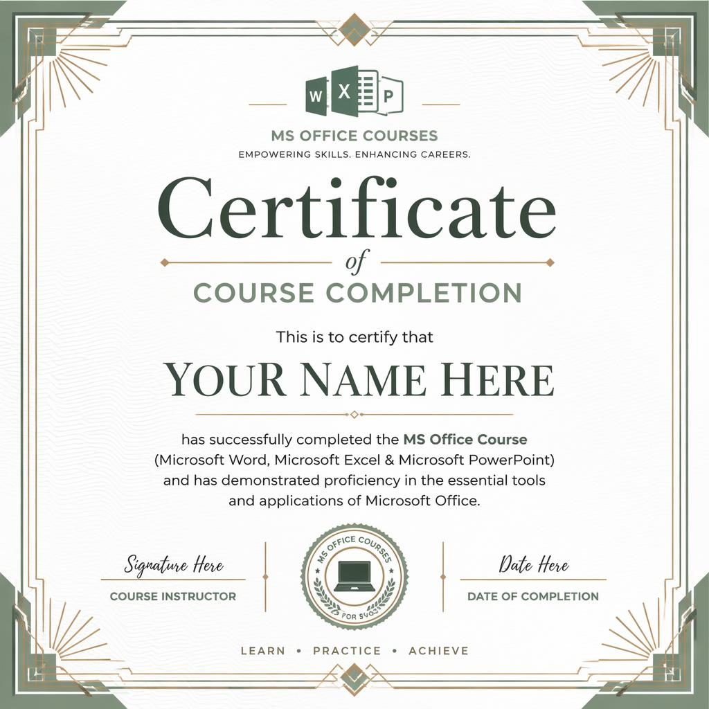 Landscape A4 gift voucher certificate template with art deco geometric border, white and sage palette, signature lines, date and seal.
