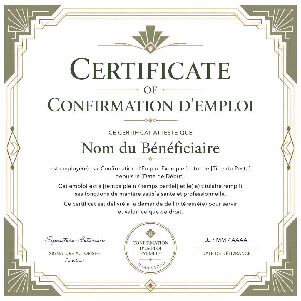 Modèle de certificat paysage A4 blanc et vert sauge, bordure géométrique Art déco, titre central, signatures et date.