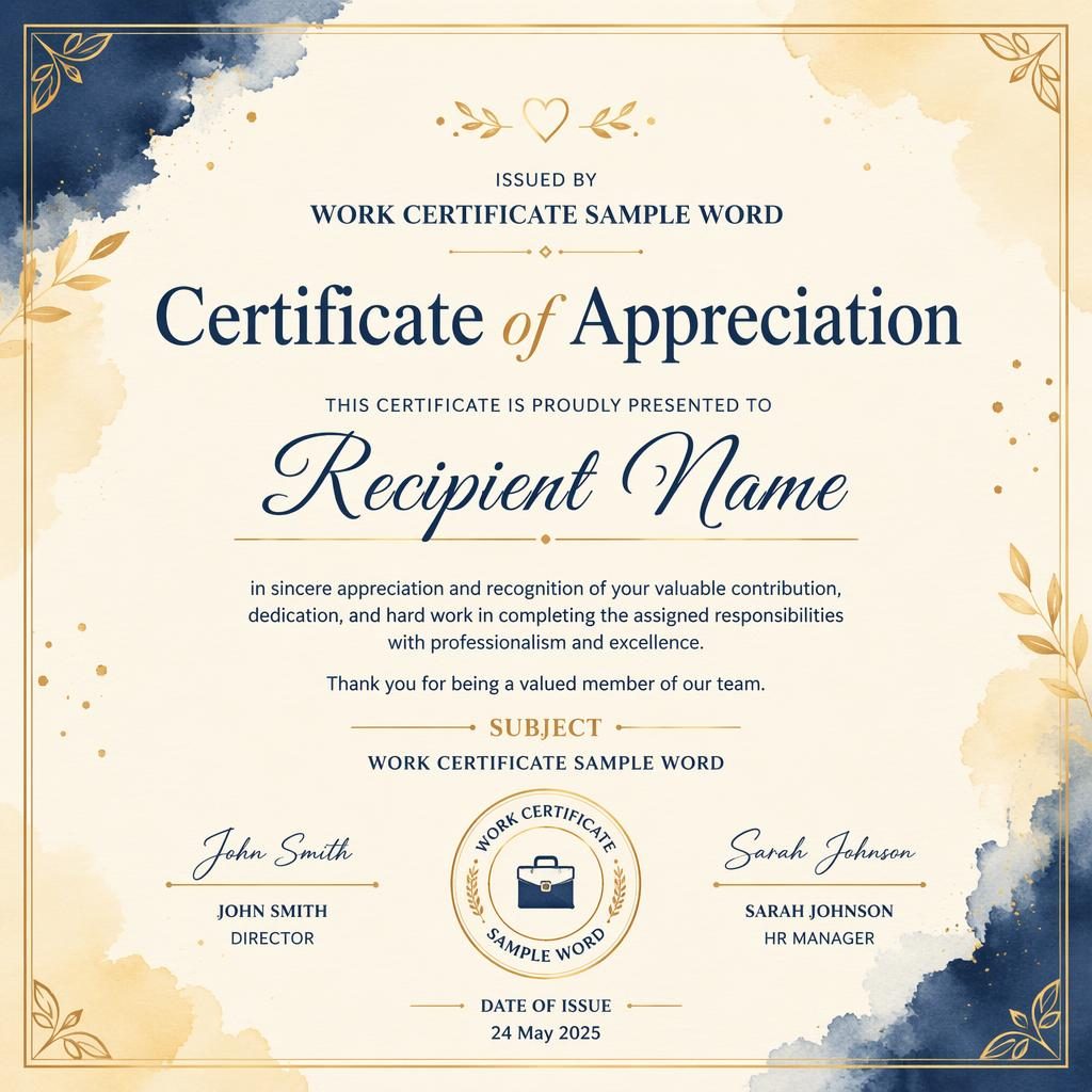 Landscape A4 appreciation certificate template in watercolor style with cream, gold, and navy tones, thin border, heading, name, body text, signature lines, date, and seal.
