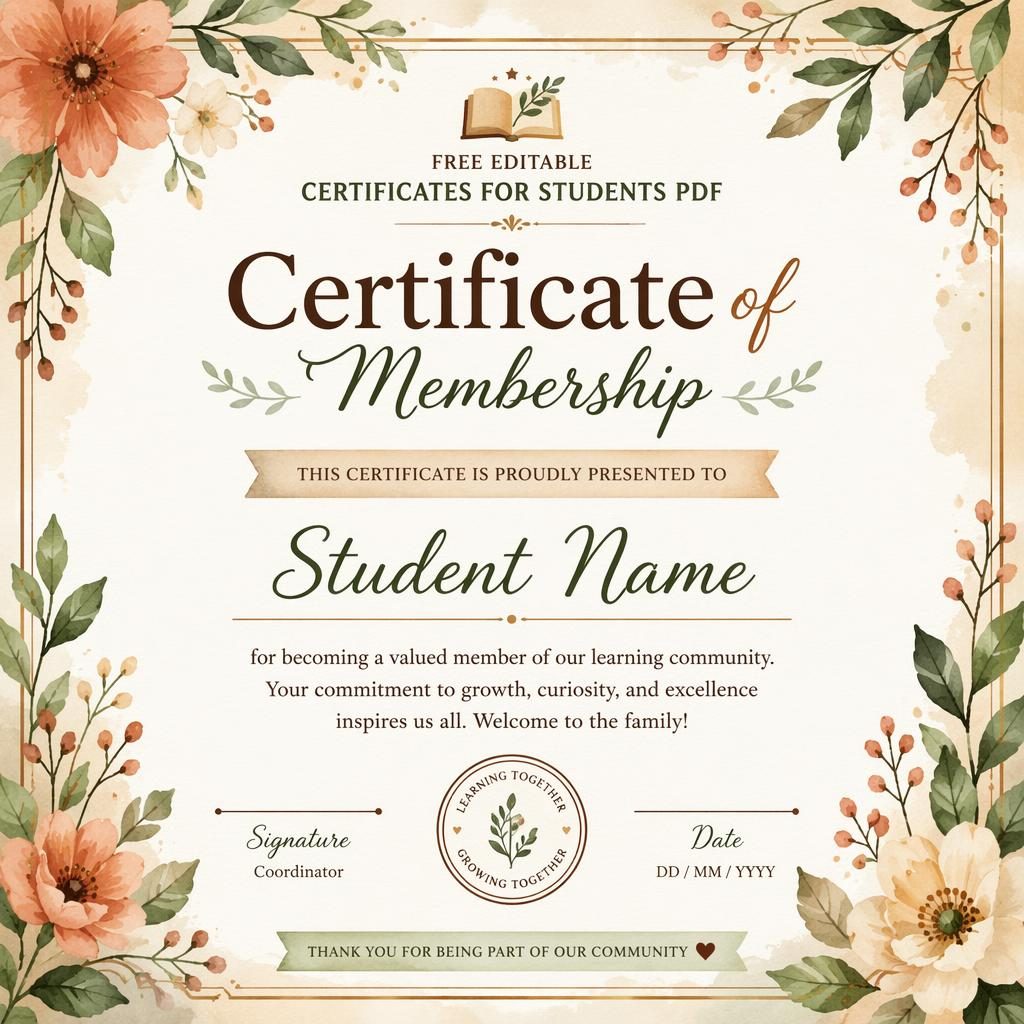 Landscape A4 membership certificate template with watercolor floral border, warm earth tones, heading, name, text, signatures.