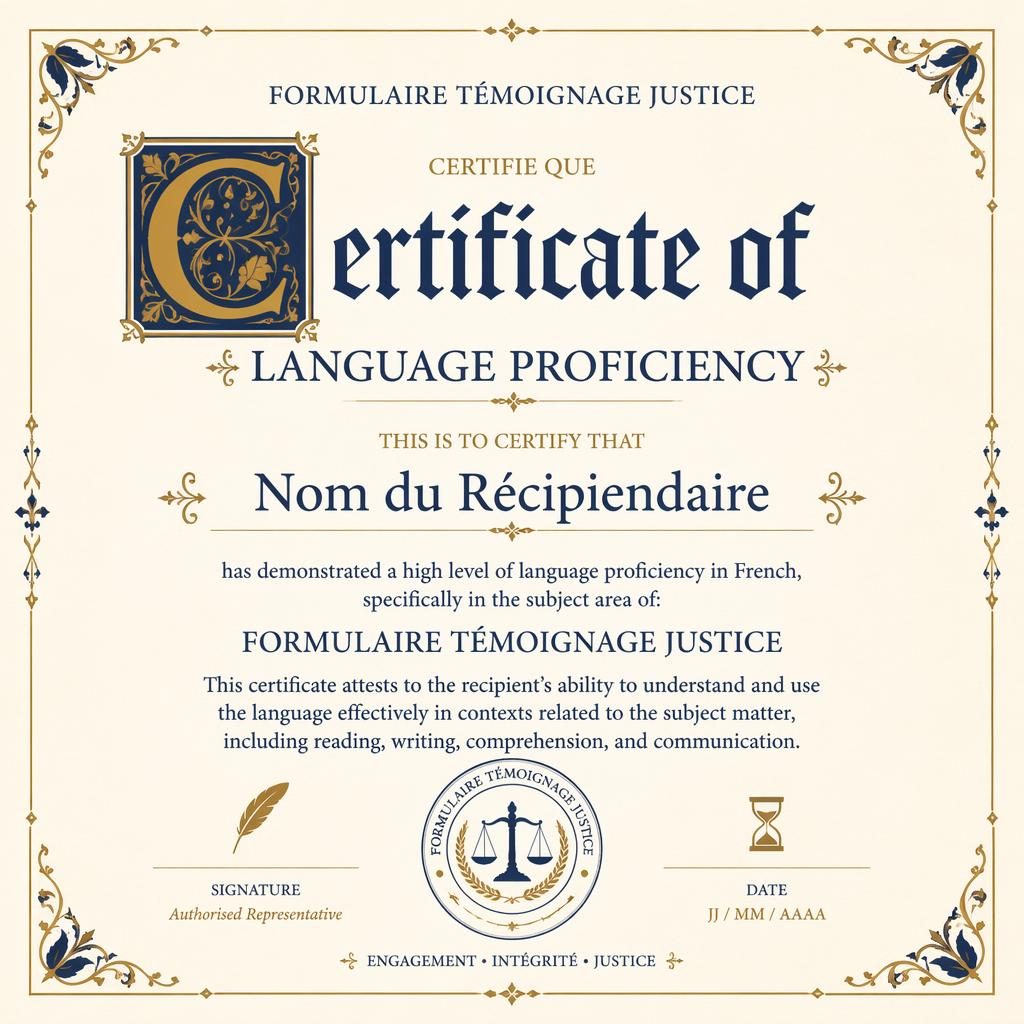 Certificat A4 paysage style enluminure médiévale, bord fin, tons crème or bleu marine, signature, date et sceau.