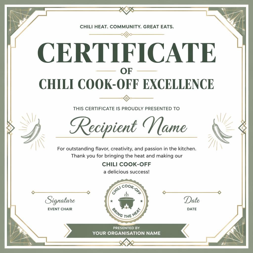 Landscape A4 academic merit certificate template with art deco border, white and sage palette, heading, signature lines.