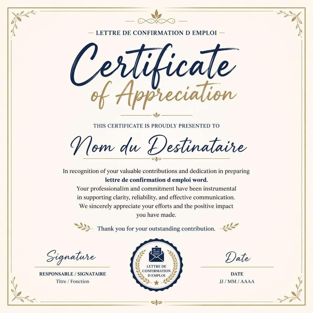 Certificat d’appréciation paysage A4 crème, or et bleu marine avec bord fin, titre central, signature et sceau.