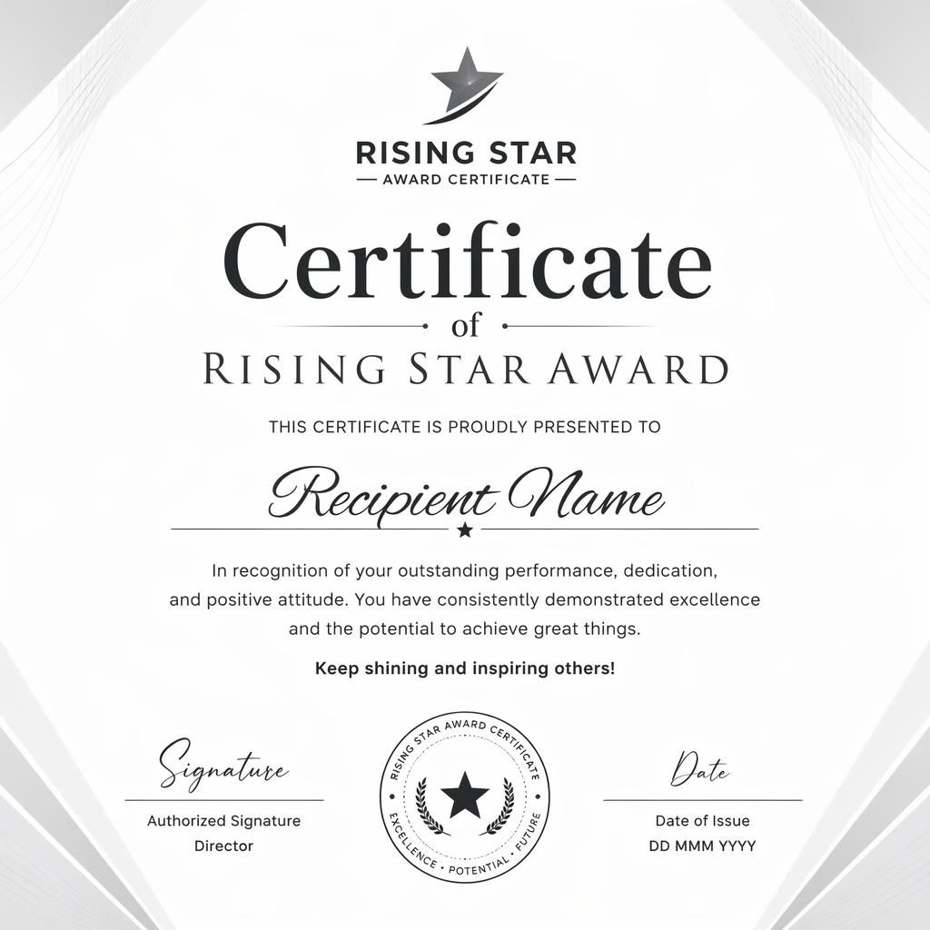 Landscape A4 rising star award certificate template with bold heading, recipient name, body text, signature lines, date, and seal