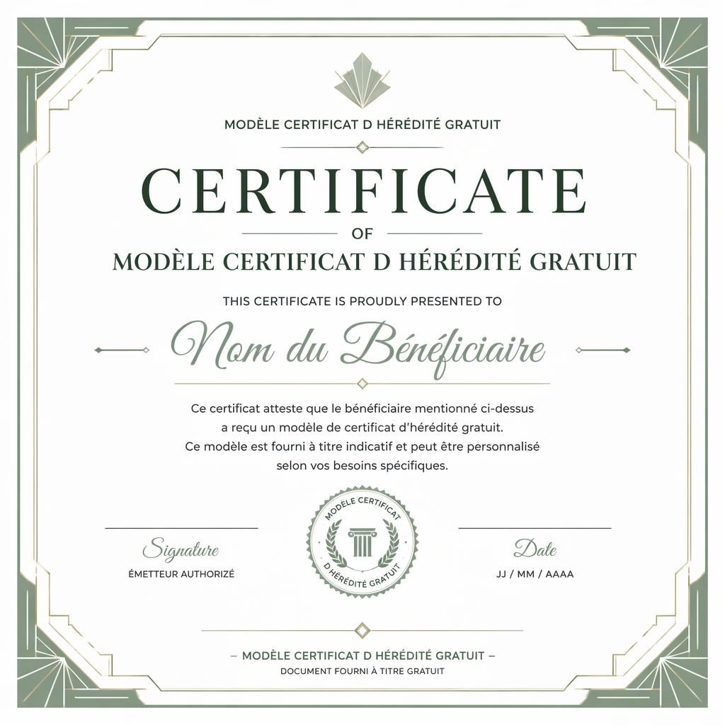 Modèle de certificat paysage A4 blanc et vert sauge avec bordure art déco, titre central, lignes de signature et sceau