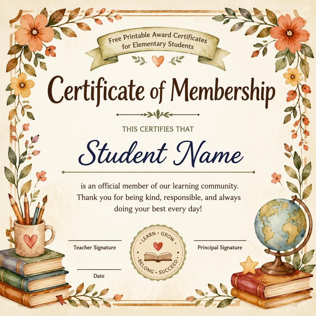 Landscape A4 membership certificate template with watercolor floral border, warm earth tones, heading, name field, body text, signature lines and date.