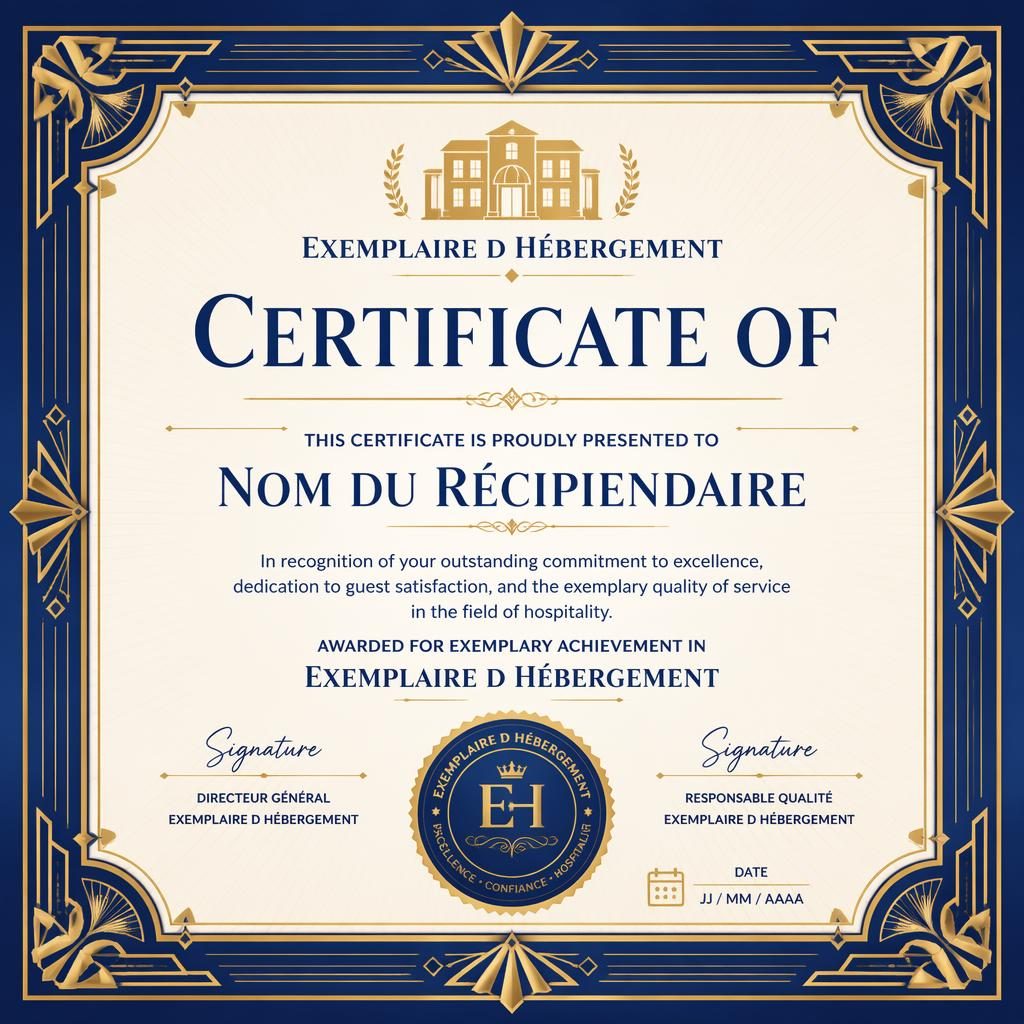 Modèle de certificat paysage A4 art déco, cadre ornemental bleu royal et or, titre central, zones signature, date et sceau.
