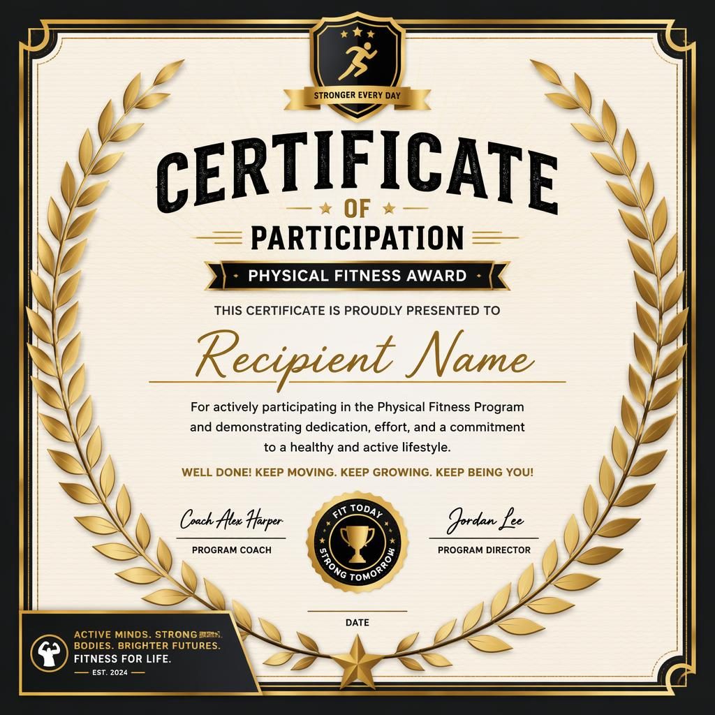 Landscape A4 participation certificate template with laurel wreath border, black and gold palette, heading, signature lines