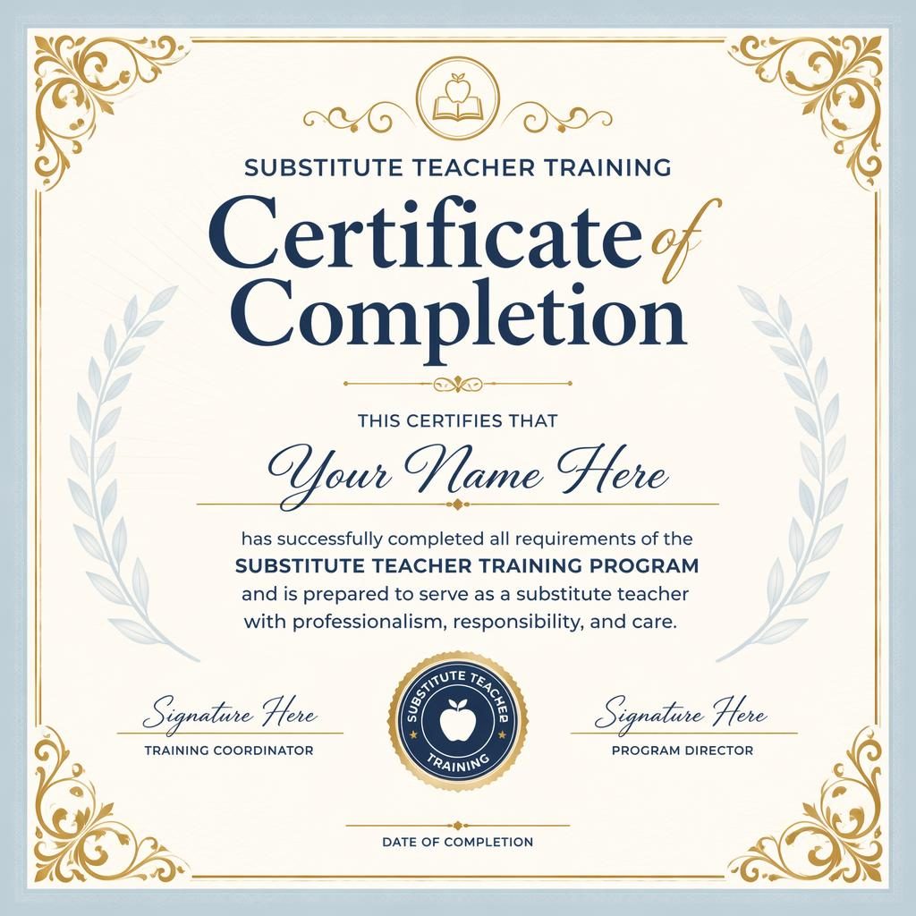 Landscape A4 certificate template with ornate gold border, pastel palette, heading, recipient name, body text, signatures, date