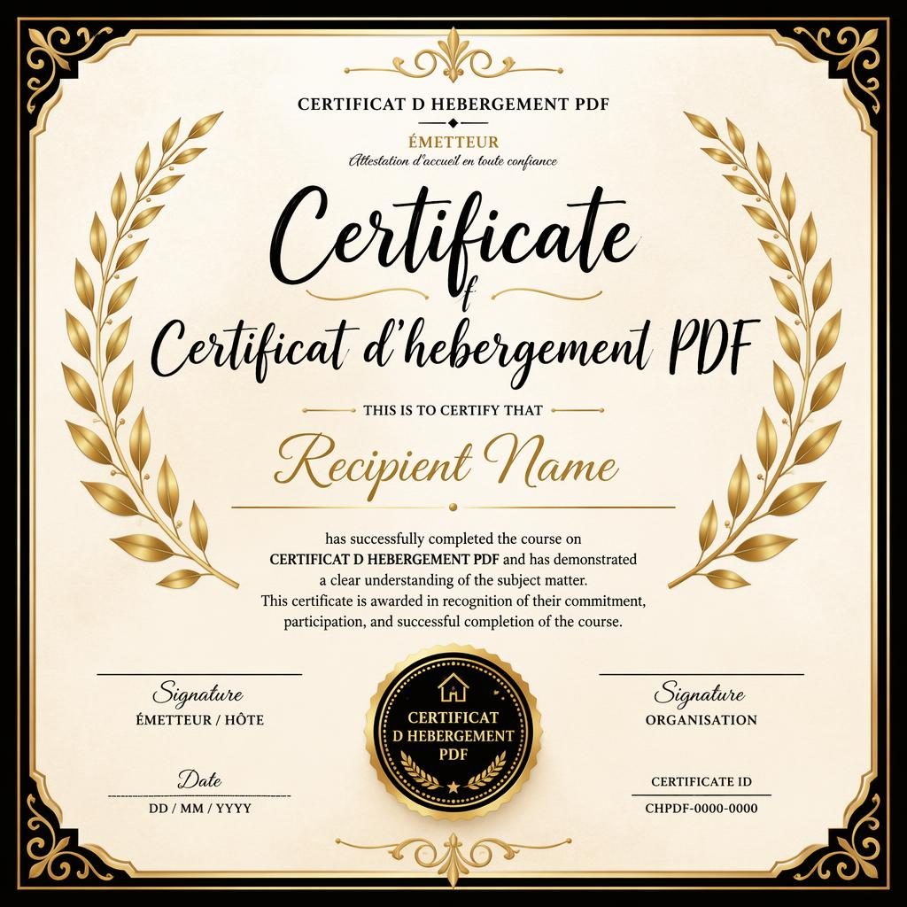 Modèle de certificat A4 paysage noir et or, bordure de laurier, titre central, nom, texte, signatures et date.