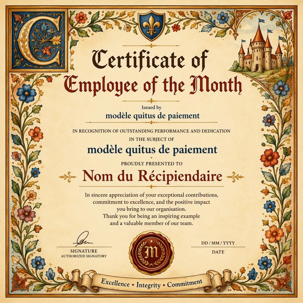 Template de certificat A4 paysage style médiéval enluminé, bordure florale aquarelle, zones signature, date et sceau