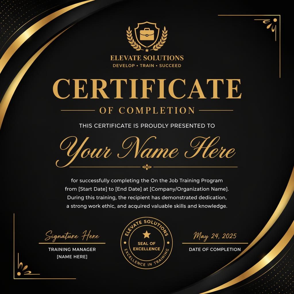 Landscape A4 certificate template in black and gold with large heading, recipient name, body text, signature lines, date, and seal.