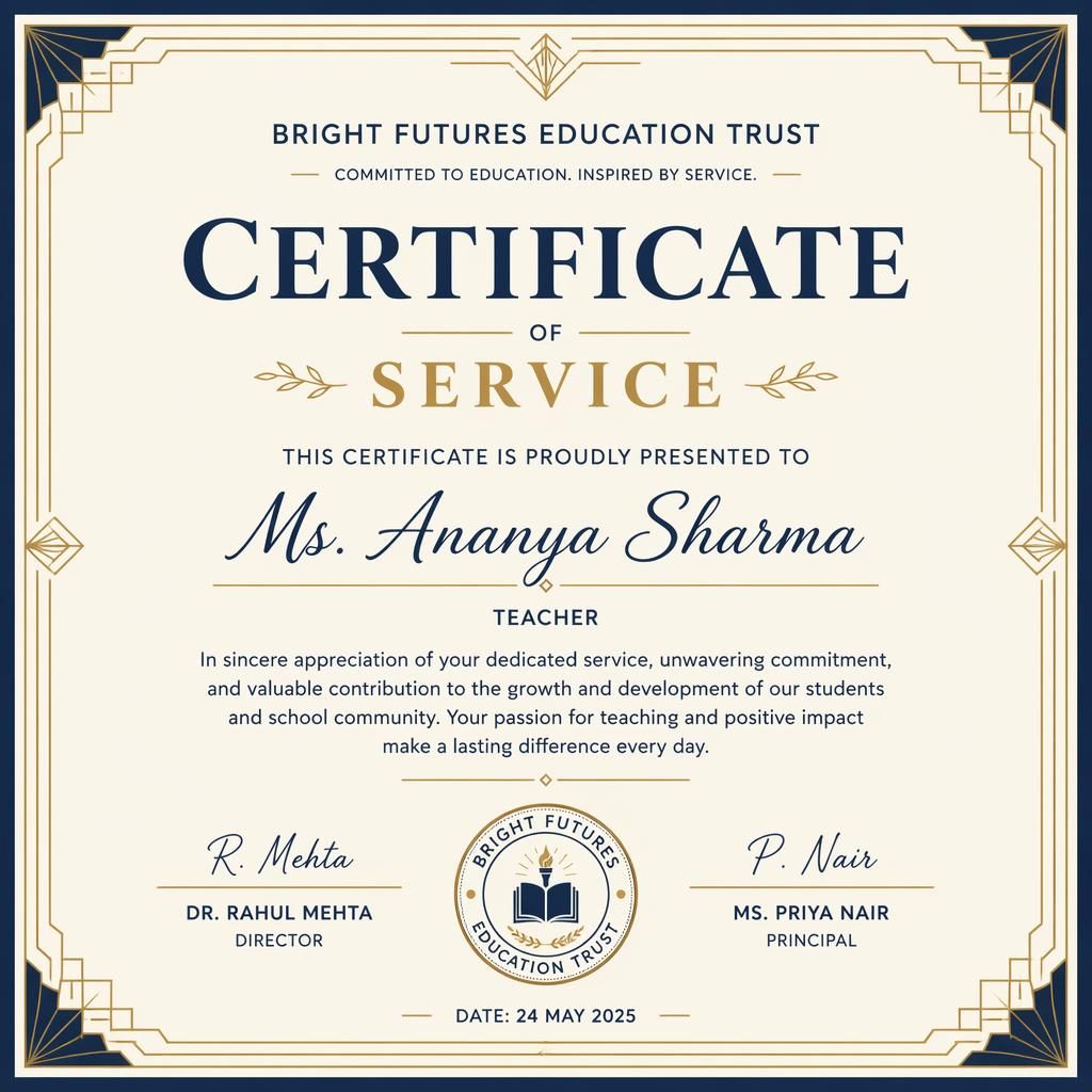 Landscape A4 volunteer recognition certificate template in cream, gold, and navy with art deco border, heading, name, signatures, and seal.