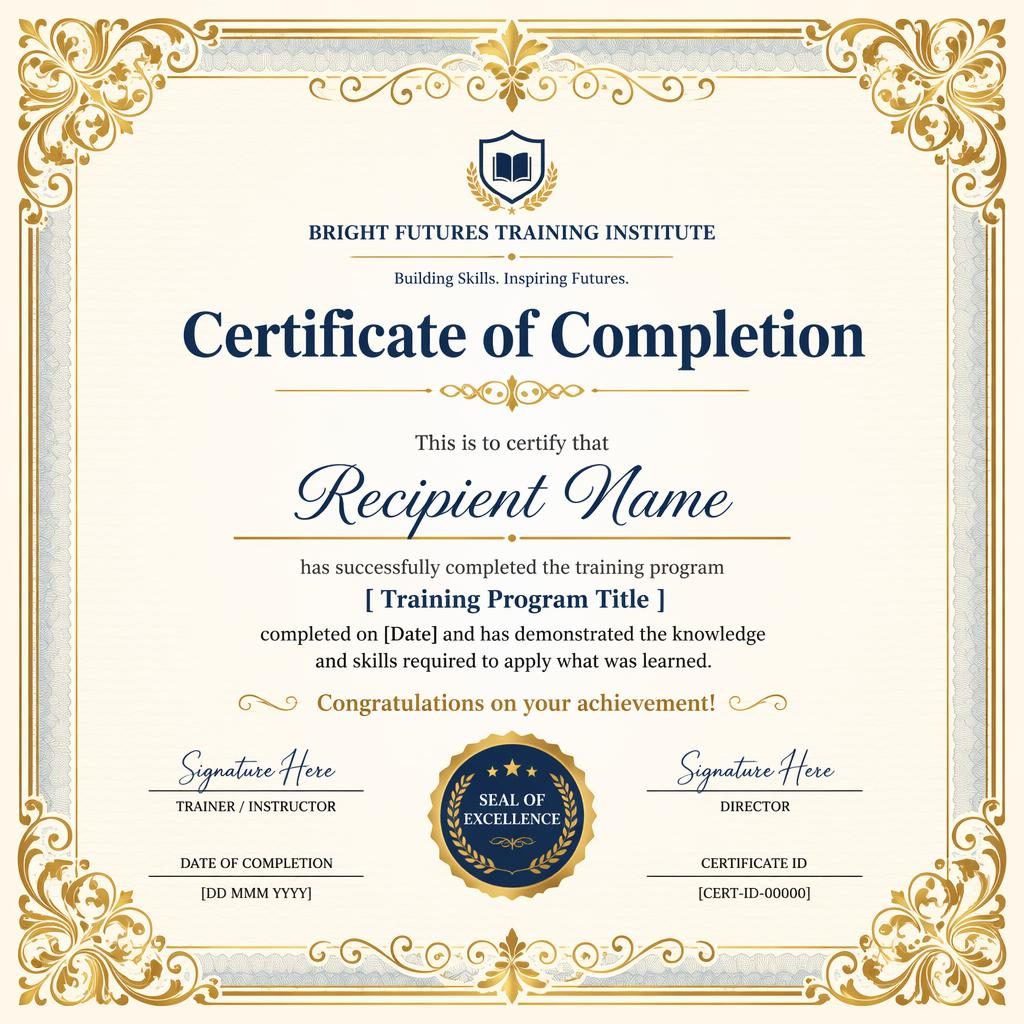 Landscape A4 training completion certificate template with ornate gold border, pastel palette, heading, signature lines